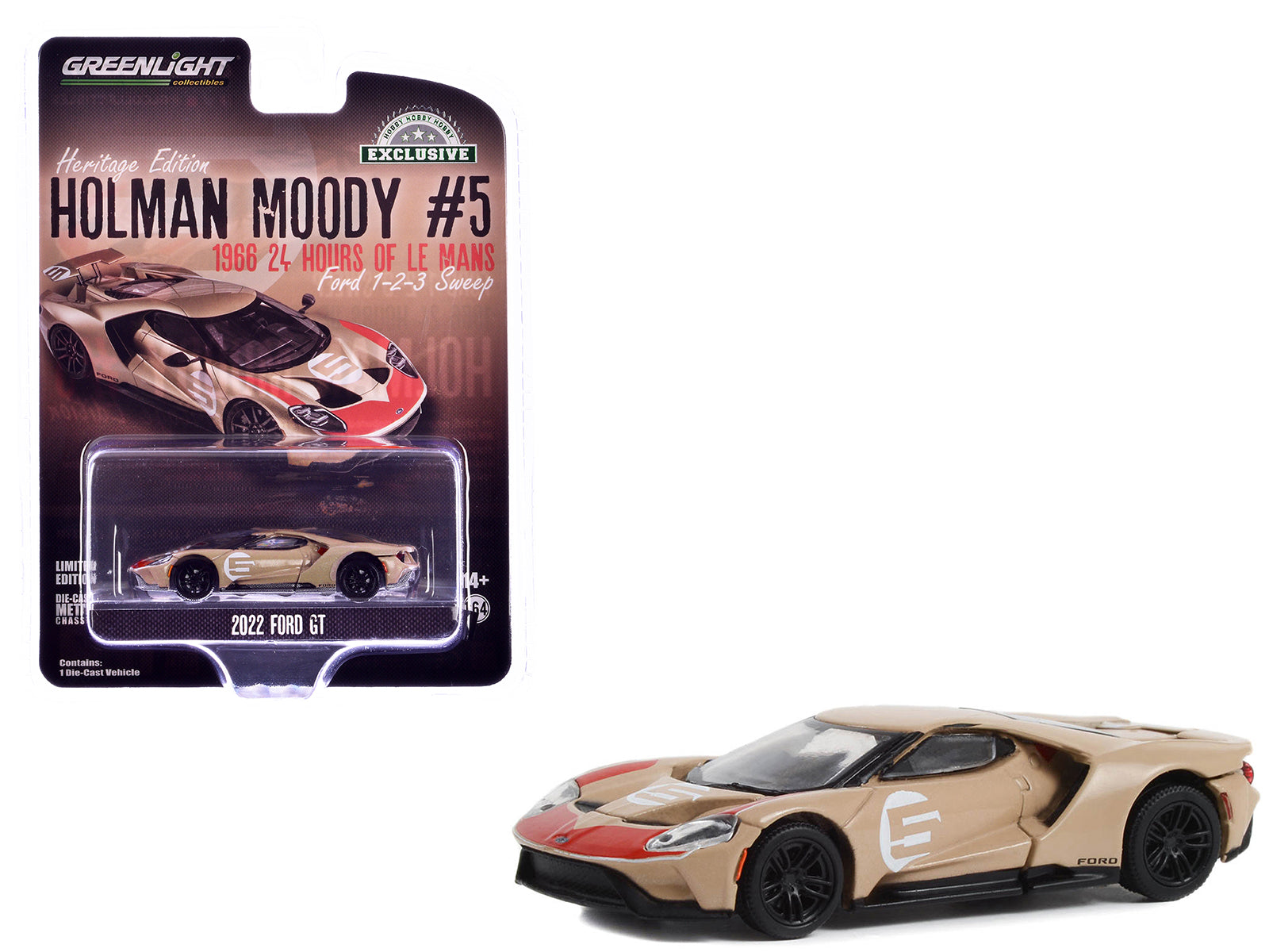 2022 Ford GT Heritage Edition #5 Holman-Moody "1966 24 Hours of Le Mans Ford 1-2-3 Sweep Tribute" Gold Metallic with Red Accents "Hobby Exclusive" Series 1/64 Diecast Model Car by Greenlight free shipping USA