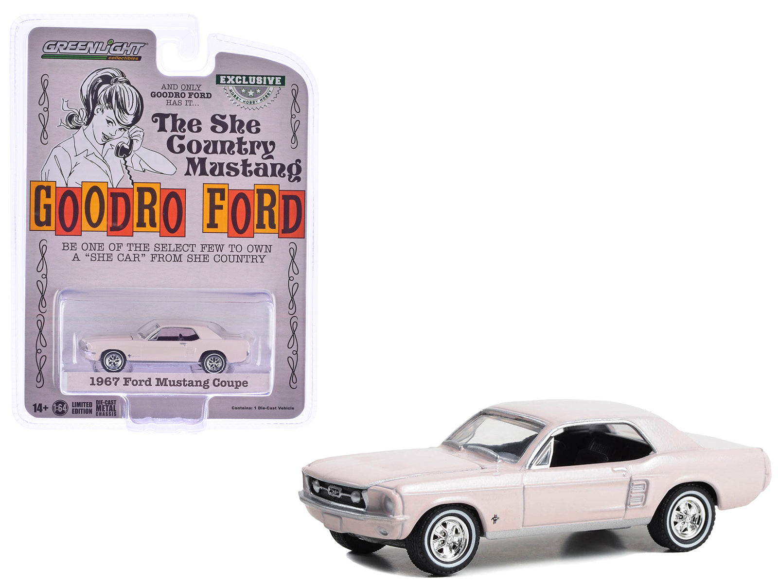 1967 Ford Mustang Coupe "She Country Special - Bill Goodro Ford Denver Colorado" Bermuda Sand "Hobby Exclusive" Series 1/64 Diecast Model Car by Greenlight free shipping USA