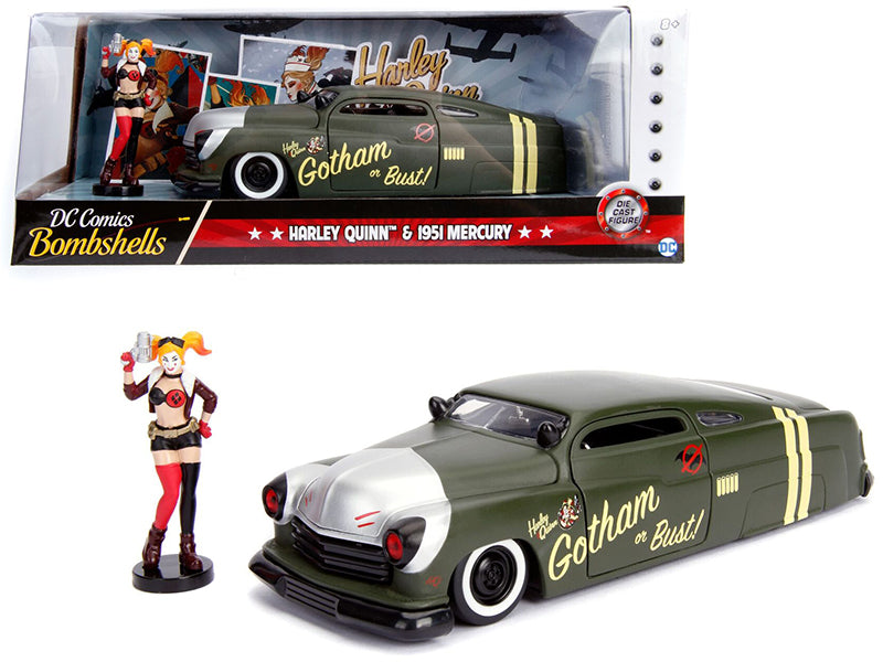 1951 Mercury Matt Green with Harley Quinn Diecast Figurine "DC Comics Bombshells" Series 1/24 Diecast Model Car by Jada free shipping USA