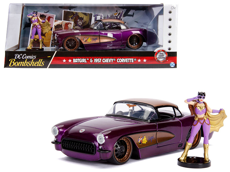 1957 Chevrolet Corvette Purple with Batgirl Diecast Figurine "DC Comics Bombshells" Series 1/24 Diecast Model Car by Jada free shipping USA