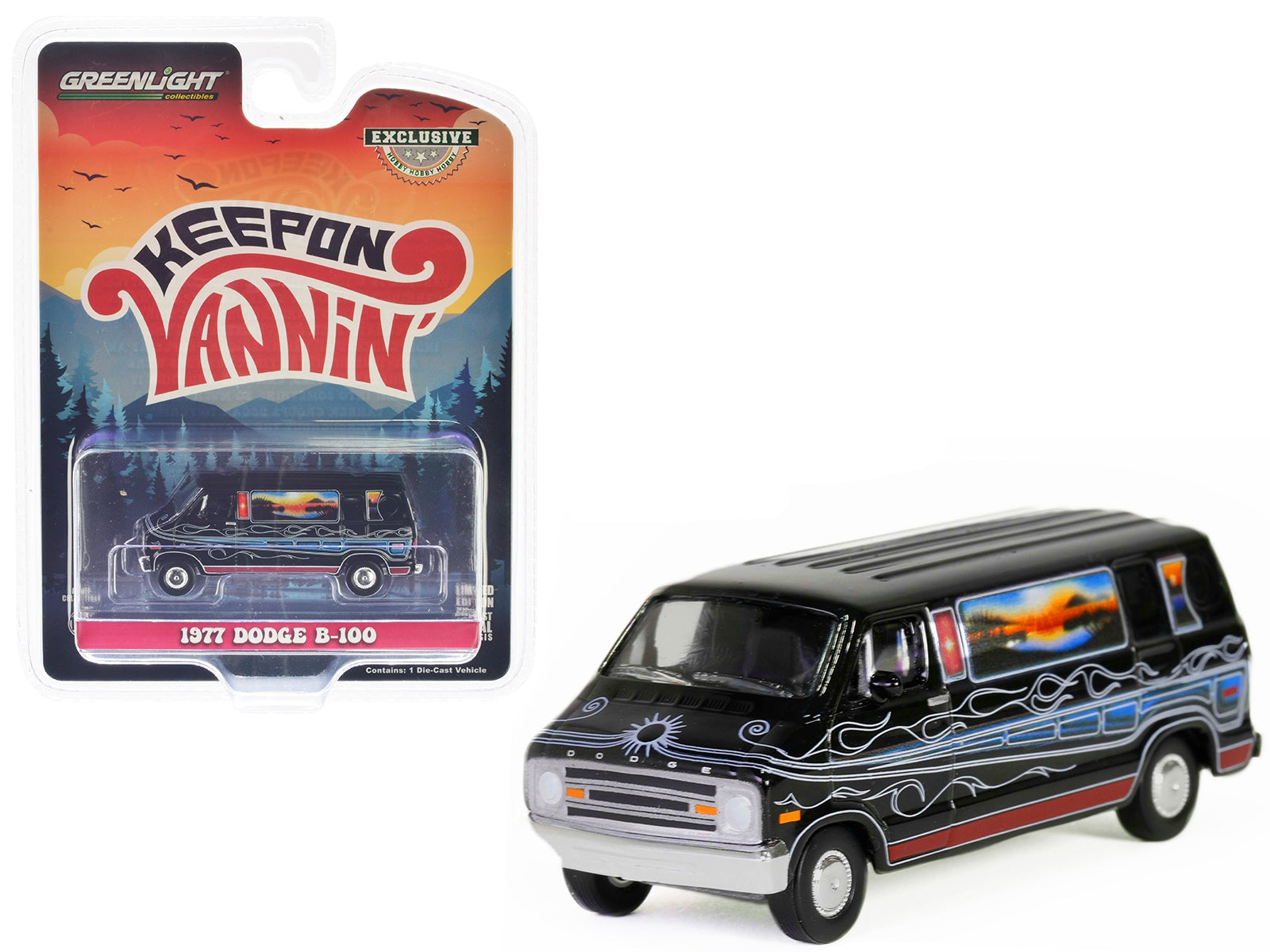 1977 Dodge B-100 Van Black with Mountain Sunrise Graphics "Keep On Vannin'" "Hobby Exclusive" Series 1/64 Diecast Model Car by Greenlight - Premium Dodge Models from Greenlight - Just $16.99! Shop now at Rapidvehicles