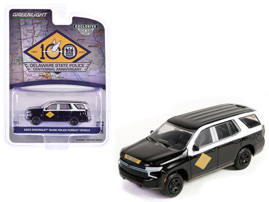 2023 Chevrolet Tahoe Police Pursuit Vehicle "Delaware State Police Centennial Anniversary" Black and White "Hobby Exclusive" Series 1/64 Diecast Model Car by Greenlight free shipping USA