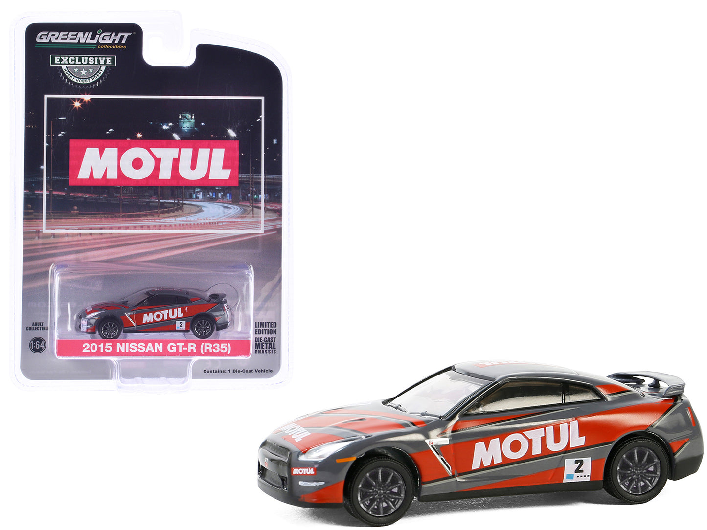 2015 Nissan GT-R (R35) #2 "MOTUL" Gray with Red Graphics "Hobby Exclusive" Series 1/64 Diecast Model Car by Greenlight - Use code SHOPAPP15 to get 15 percent off