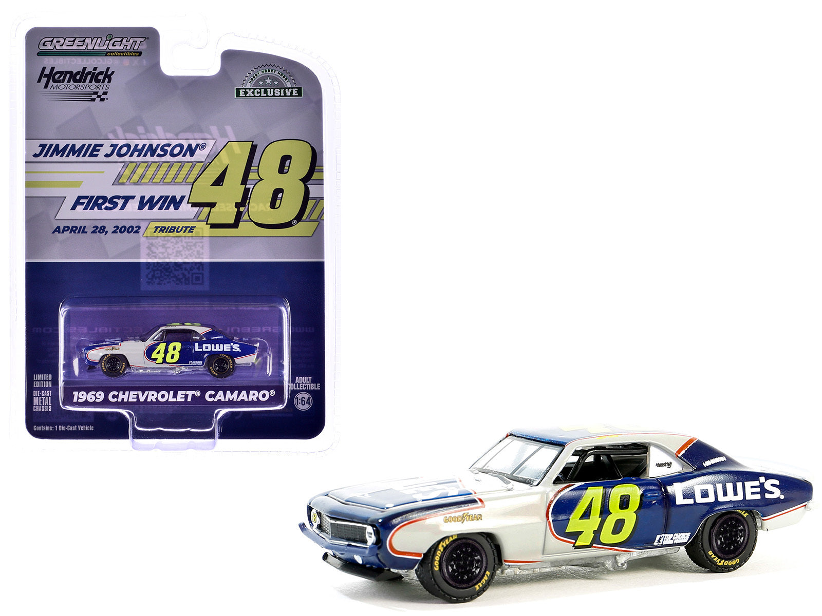 1969 Chevrolet Camaro #48 "Jimmie Johnson - Hendrick Motorsports First Win Tribute" Dark Blue and White with Graphics "Hobby Exclusive" Series 1/64 Diecast Model Car by Greenlight - Premium Chevrolet Models from Greenlight - Just $24.25! Shop now at Rapidvehicles