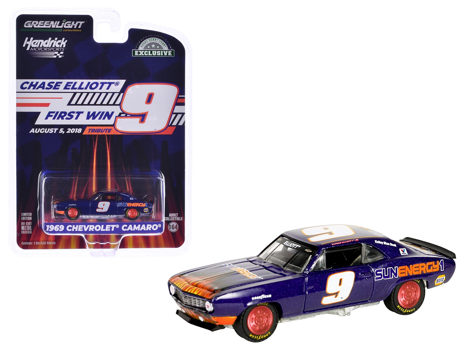 1969 Chevrolet Camaro #9 "Chase Elliott - Hendrick Motorsports First Win Tribute" Purple Metallic with Flames "Hobby Exclusive" Series 1/64 Diecast Model Car by Greenlight - Premium Chevrolet Models from Greenlight - Just $24.25! Shop now at Rapidvehicles