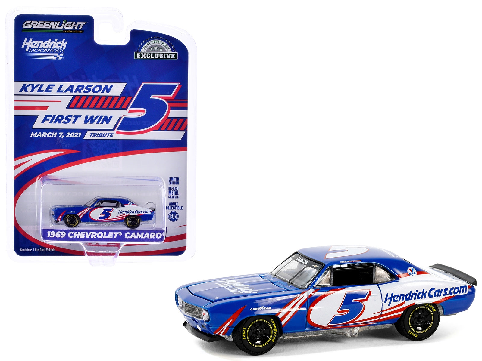 1969 Chevrolet Camaro #5 "Kyle Larson - Hendrick Motorsports First Win Tribute" Blue and White with Red Graphics "Hobby Exclusive" Series 1/64 Diecast Model Car by Greenlight - Premium Chevrolet Models from Greenlight - Just $24.25! Shop now at Rapidvehicles