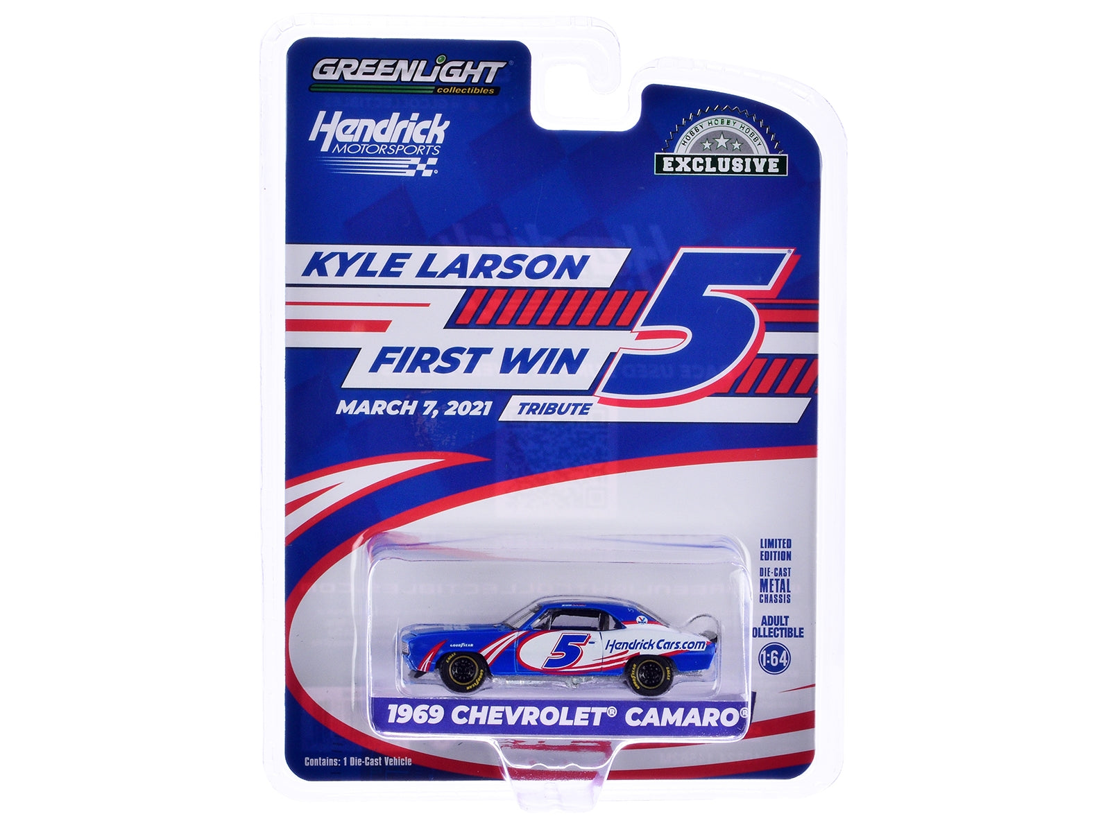 1969 Chevrolet Camaro #5 "Kyle Larson - Hendrick Motorsports First Win Tribute" Blue and White with Red Graphics "Hobby Exclusive" Series 1/64 Diecast Model Car by Greenlight - Premium Chevrolet Models from Greenlight - Just $24.25! Shop now at Rapidvehicles