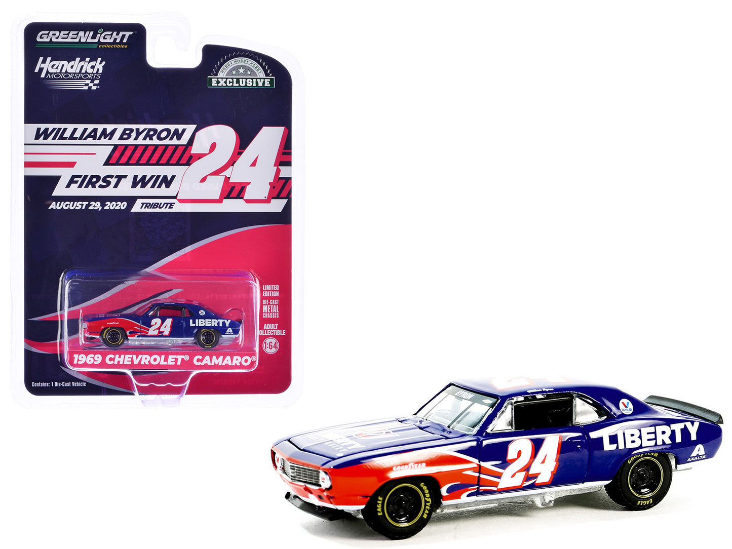 1969 Chevrolet Camaro #24 "William Byron - Hendrick Motorsports First Win Tribute" Blue with Flame Graphics "Hobby Exclusive" Series 1/64 Diecast Model Car by Greenlight - Use code SHOPAPP15 to get 15 percent off