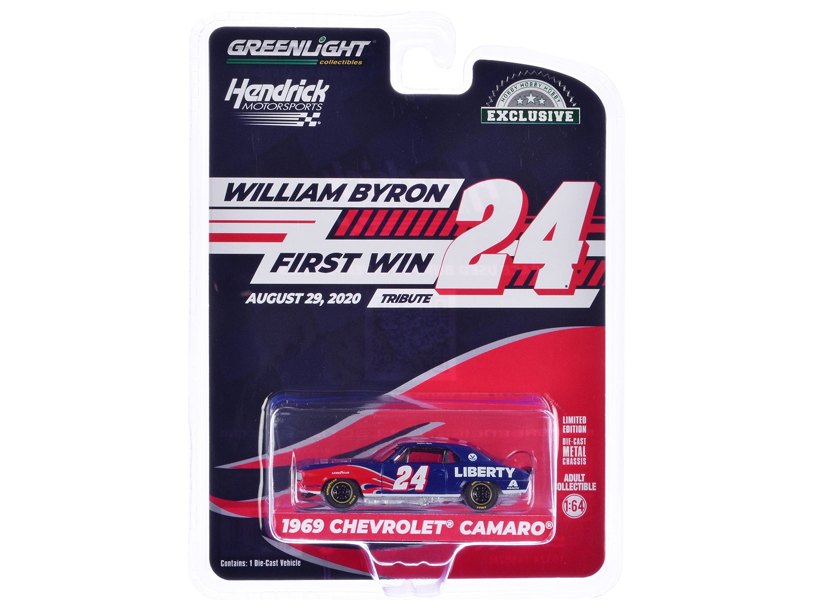 1969 Chevrolet Camaro #24 "William Byron - Hendrick Motorsports First Win Tribute" Blue with Flame Graphics "Hobby Exclusive" Series 1/64 Diecast Model Car by Greenlight - Premium Chevrolet Models from Greenlight - Just $24.25! Shop now at Rapidvehicles