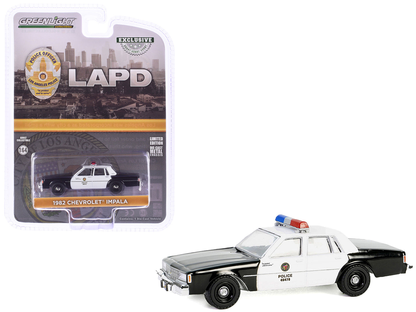 1982 Chevrolet Impala "LAPD (Los Angeles Police Department)" Black and White "Hobby Exclusive" Series 1/64 Diecast Model Car by Greenlight