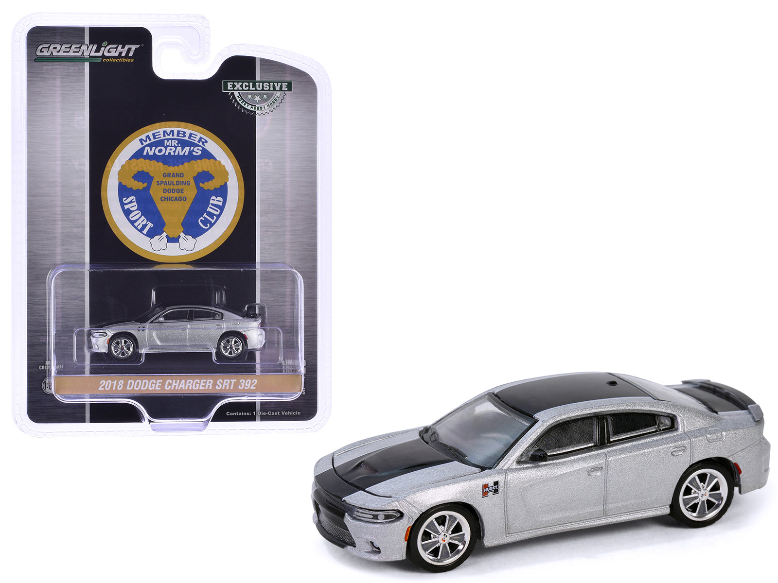 2018 Dodge Charger SRT 392 Silver Metallic with Black Stripe "Mr. Norm Heritage GSS Charger" "Hobby Exclusive" Series 1/64 Diecast Model Car by Greenlight free shipping USA