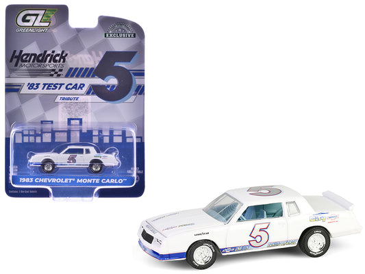 1983 Chevrolet Monte Carlo #5 "Hendrick Motorsports First Test Car Tribute" White with Blue Stripes and Interior "Hobby Exclusive" Series 1/64 Diecast Model Car by Greenlight free shipping USA