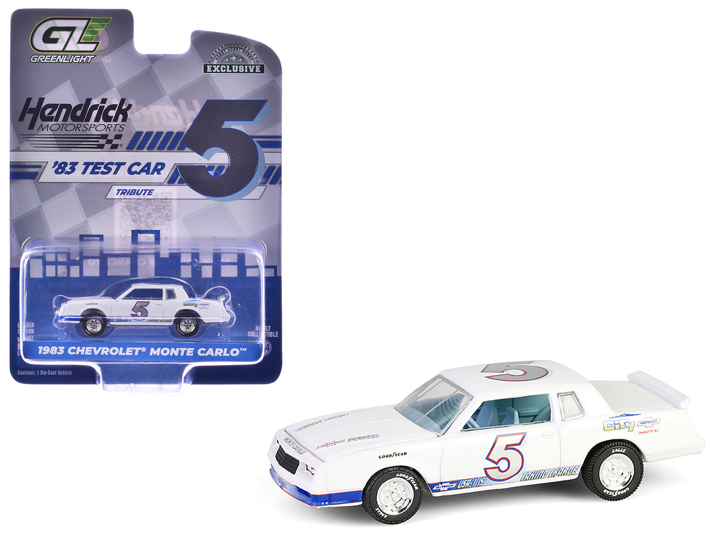 1983 Chevrolet Monte Carlo #5 "Hendrick Motorsports First Test Car Tribute" White with Blue Stripes and Interior "Hobby Exclusive" Series 1/64 Diecast Model Car by Greenlight - Use code SHOPAPP15 to get 15 percent off