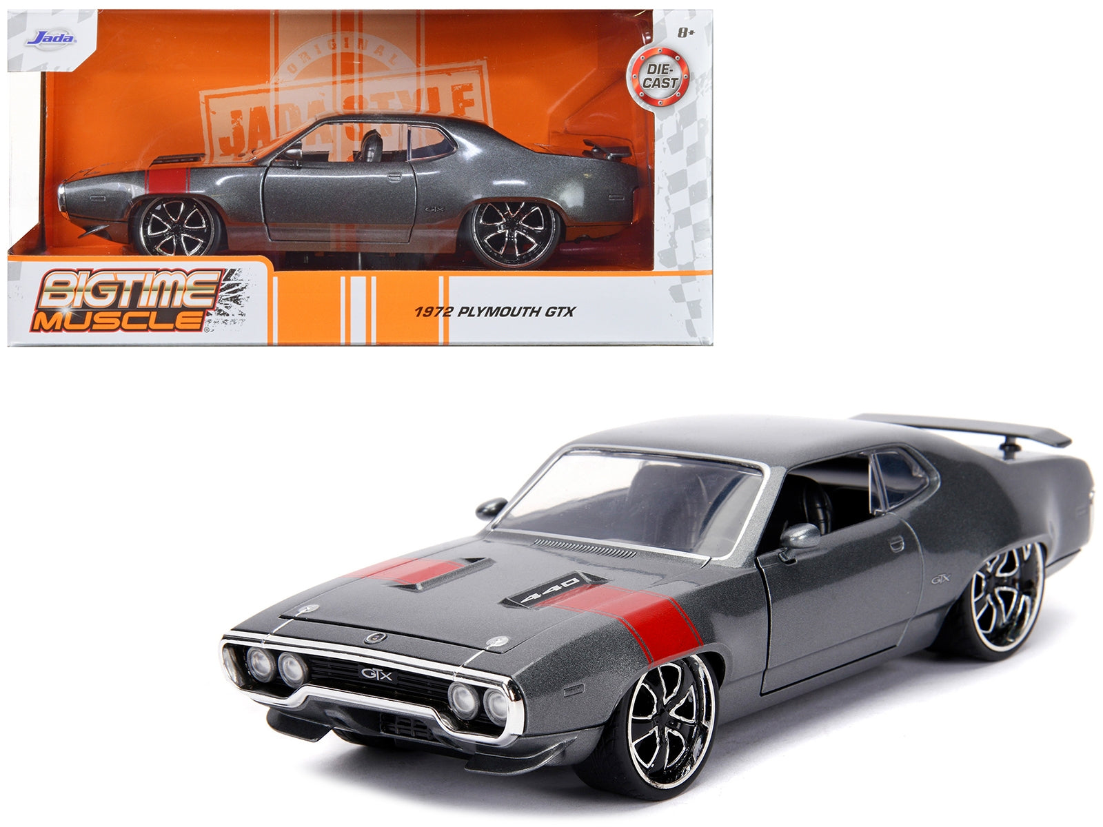 1972 Plymouth GTX 440 Metallic Gray with Red Stripe "Bigtime - Premium Plymouth Models from Jada - Just $54.99! Shop now at Rapidvehicles