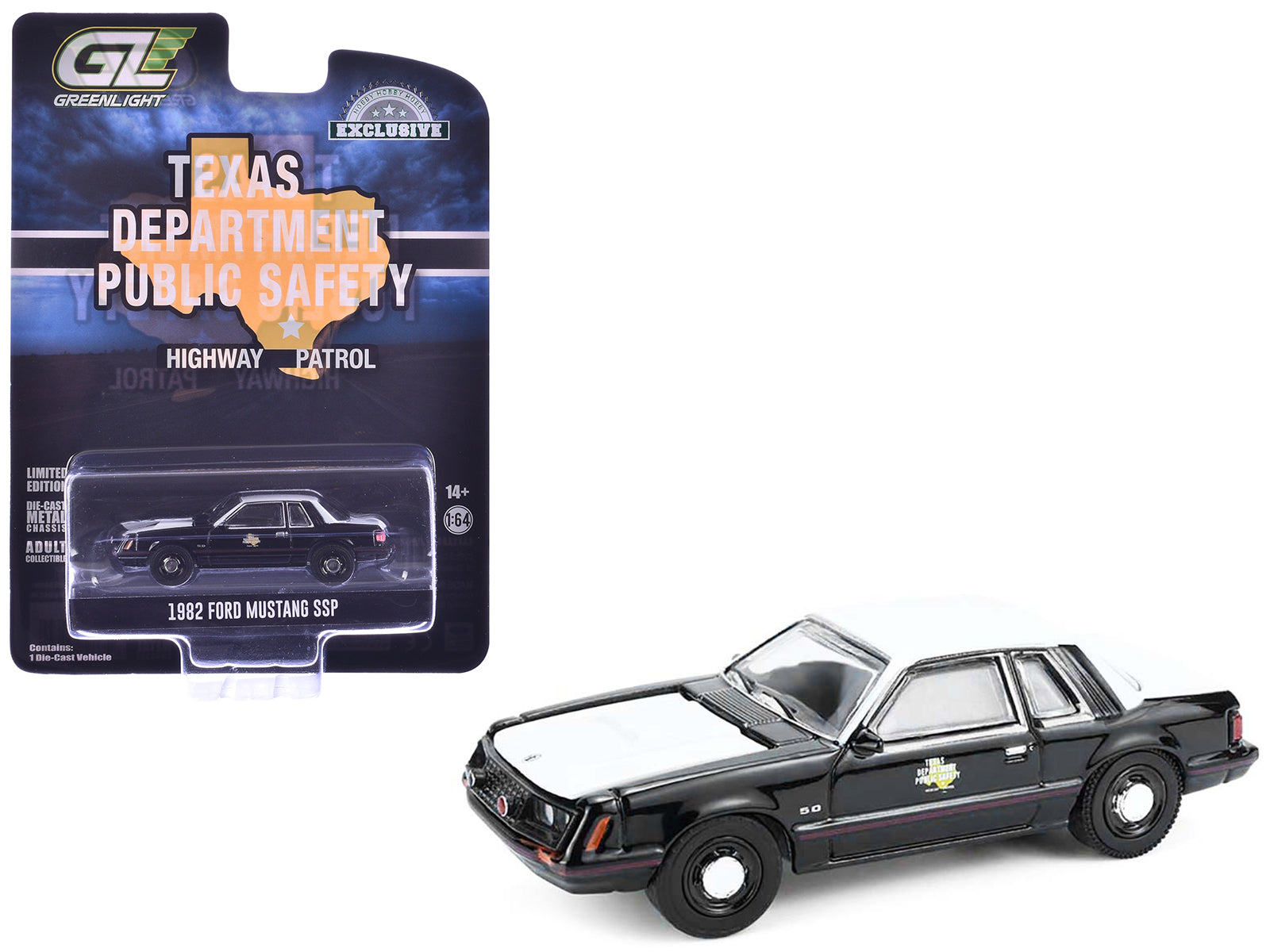 1982 Ford Mustang SSP "Texas Department of Public Safety Highway Patrol" Black with White Hood and Top "Hobby Exclusive" Series 1/64 Diecast Model Car by Greenlight free shipping USA