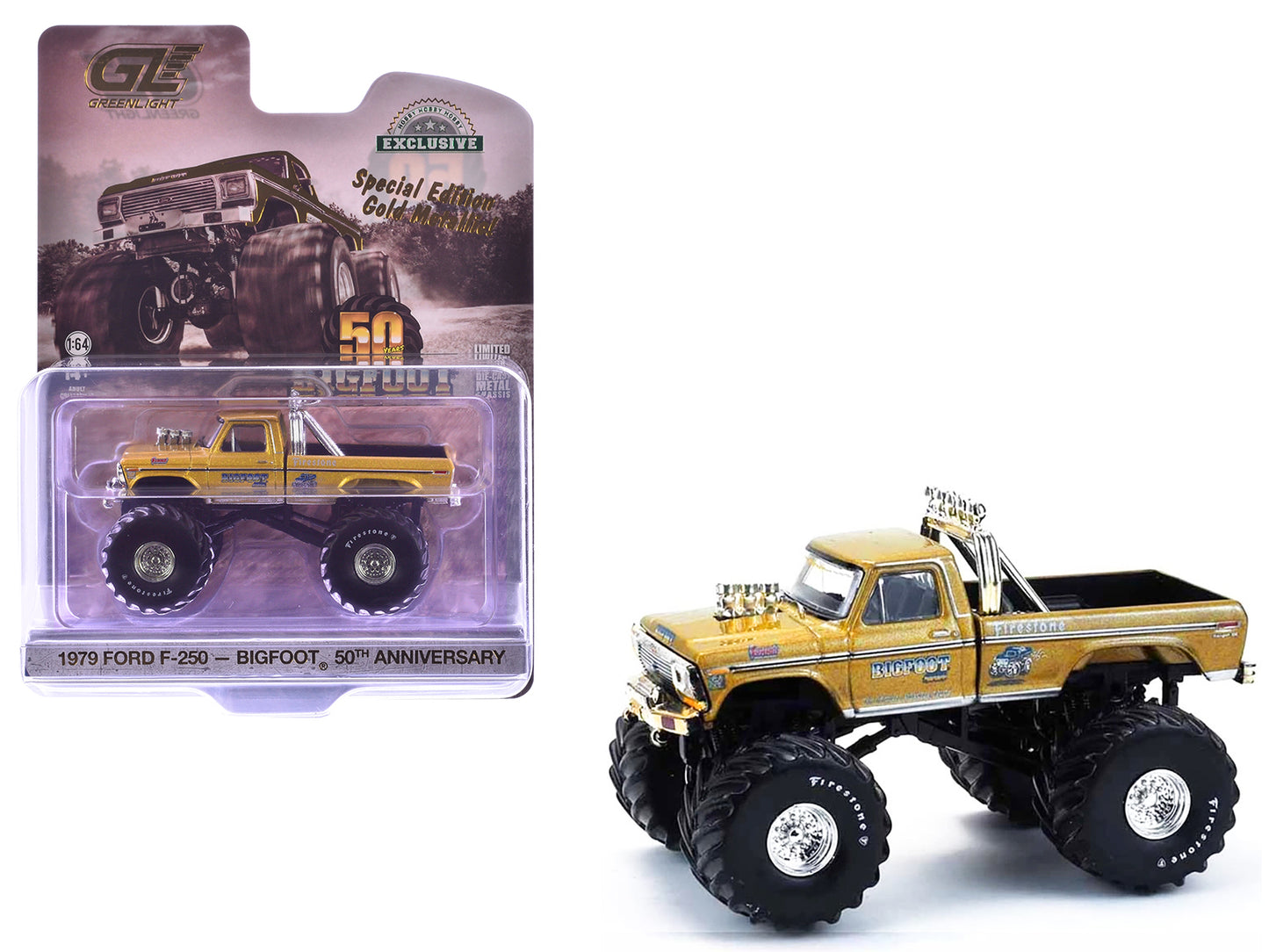 1979 Ford F-250 Monster Truck "Bigfoot #1 50th Anniversary" Gold Metallic "Hobby Exclusive" Series 1/64 Diecast Model Car by Greenlight - Use code SHOPAPP15 to get 15 percent off