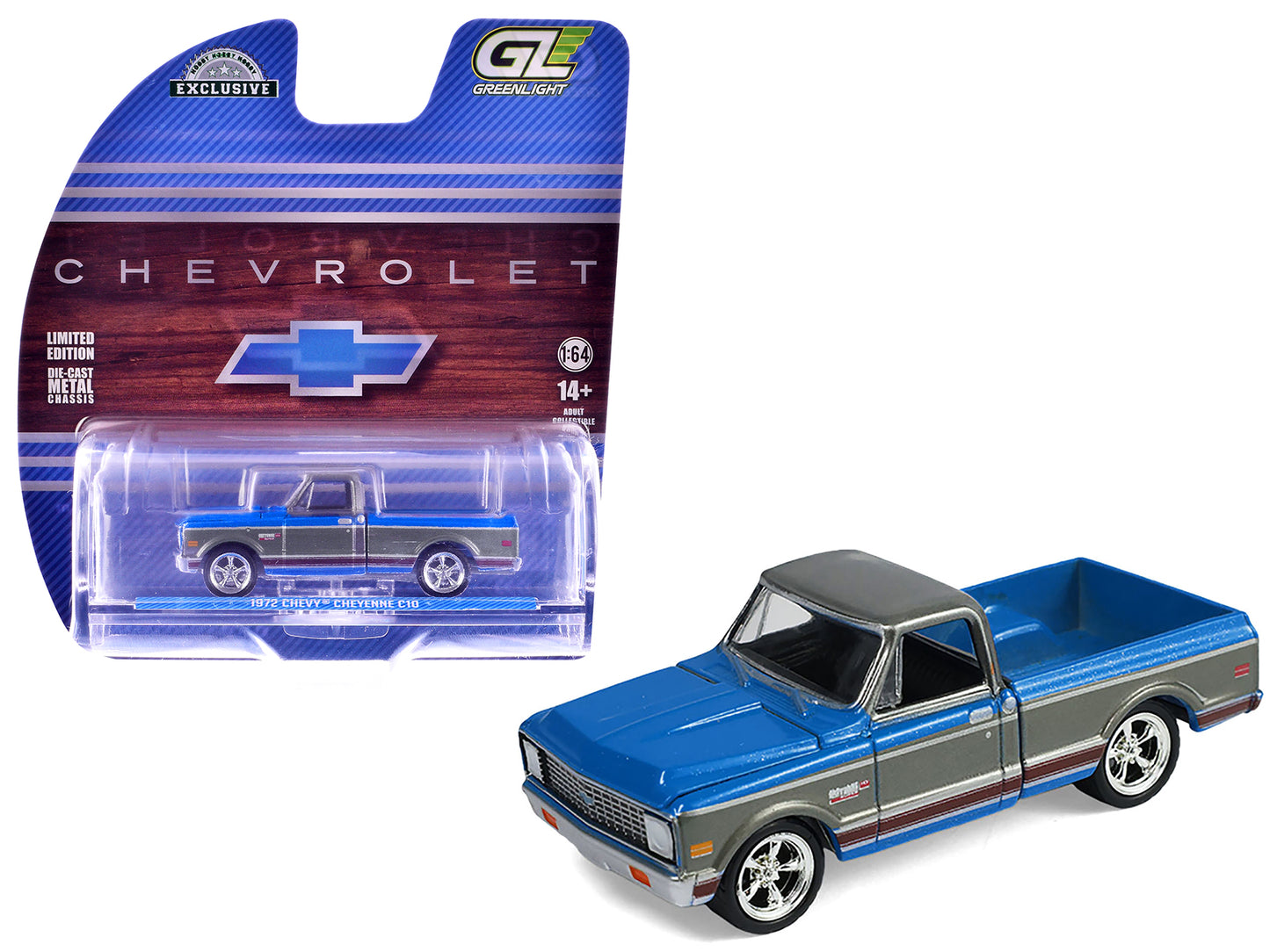 1972 Chevrolet Cheyenne C10 Short Bed Pickup Truck Electric Blue and Gunmetal Gray Metallic "Hobby Exclusive" Series 1/64 Diecast Model Car by Greenlight - Use code SHOPAPP15 to get 15 percent off