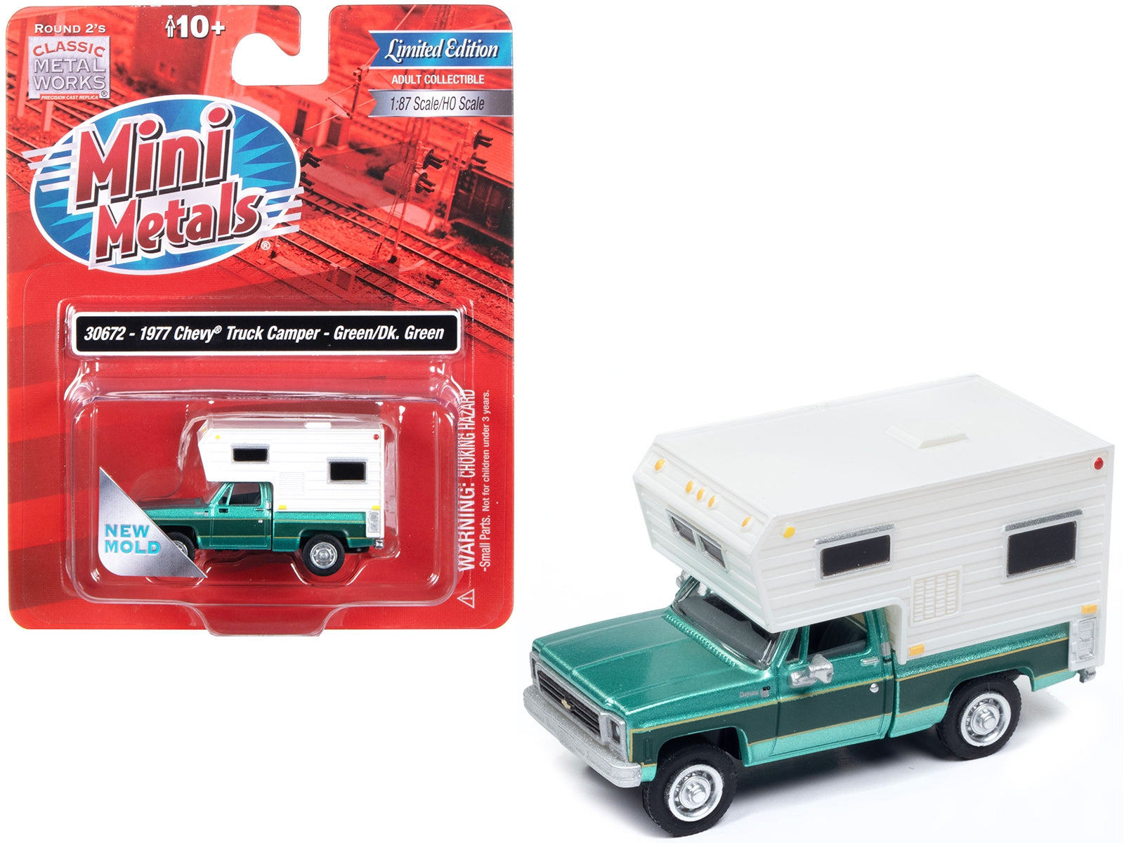 1977 Chevrolet Fleetside Pickup Truck with Camper Light Green Metallic and Dark Green "Mini Metals" Series 1/87 (HO) Scale Model Car by Classic Metal Works - Premium Pickup Trucks Models from Classic Metal Works - Just $46.06! Shop now at Rapidvehicles