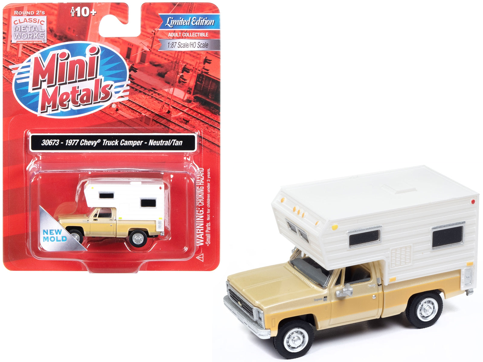 1977 Chevrolet Fleetside Pickup Truck with Camper Beige Metallic and Tan "Mini Metals" Series 1/87 (HO) Scale Model Car by Classic Metal Works - Premium Pickup Trucks Models from Classic Metal Works - Just $39.99! Shop now at Rapidvehicles