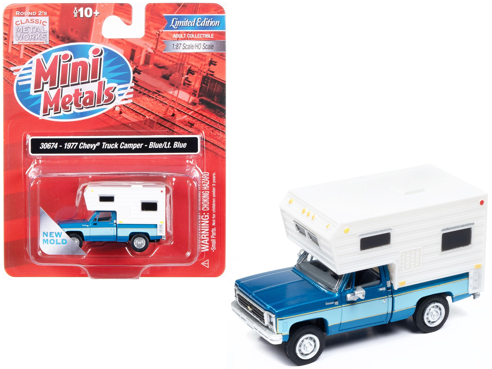 1977 Chevrolet Fleetside Pickup Truck with Camper Blue Metallic and Light Blue "Mini Metals" Series 1/87 (HO) Scale Model Car by Classic Metal Works - Premium Pickup Trucks Models from Classic Metal Works - Just $46.06! Shop now at Rapidvehicles