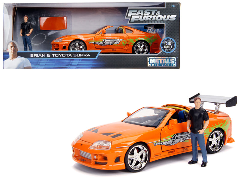Toyota Supra Orange Metallic with Brian Diecast Figurine "Fast & Furious" Movie 1/24 Diecast Model Car by Jada free shipping USA