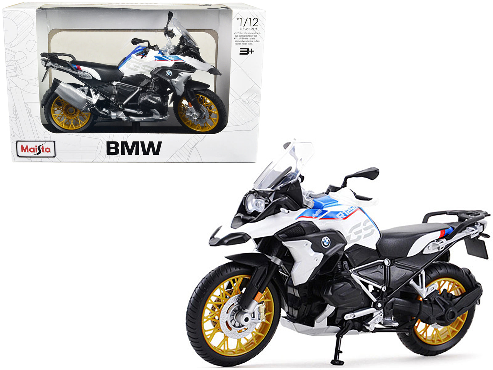 BMW R1250 GS White with Blue and Red Stripes 1/12 Diecast Motorcycle Model by Maisto free shipping USA