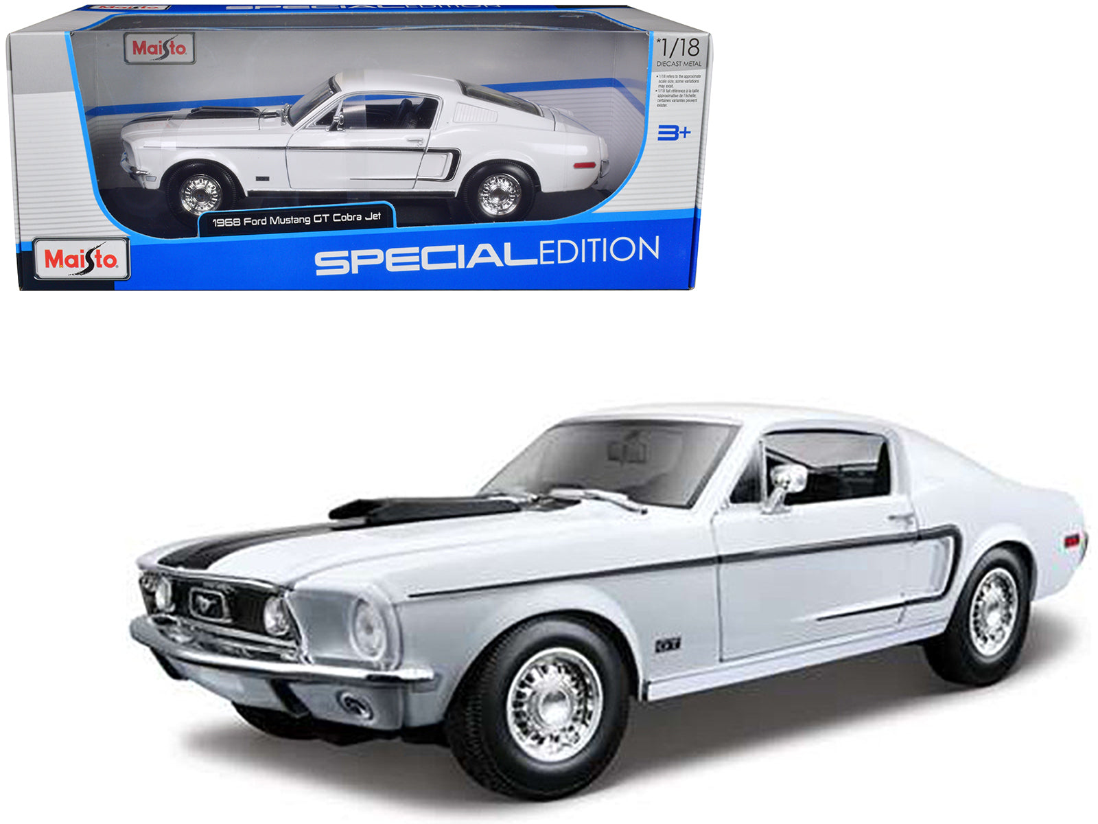 1968 Ford Mustang CJ Cobra Jet White 1/18 Diecast Model Car by Maisto free shipping USA