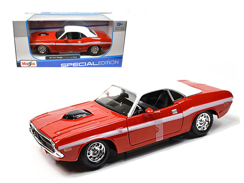 1970 Dodge Challenger R/T Coupe Red with White Top and White Stripes 1/24 Diecast Model Car by Maisto - Premium physical from Rapidvehicles - Just $43.99! Shop now at Rapidvehicles