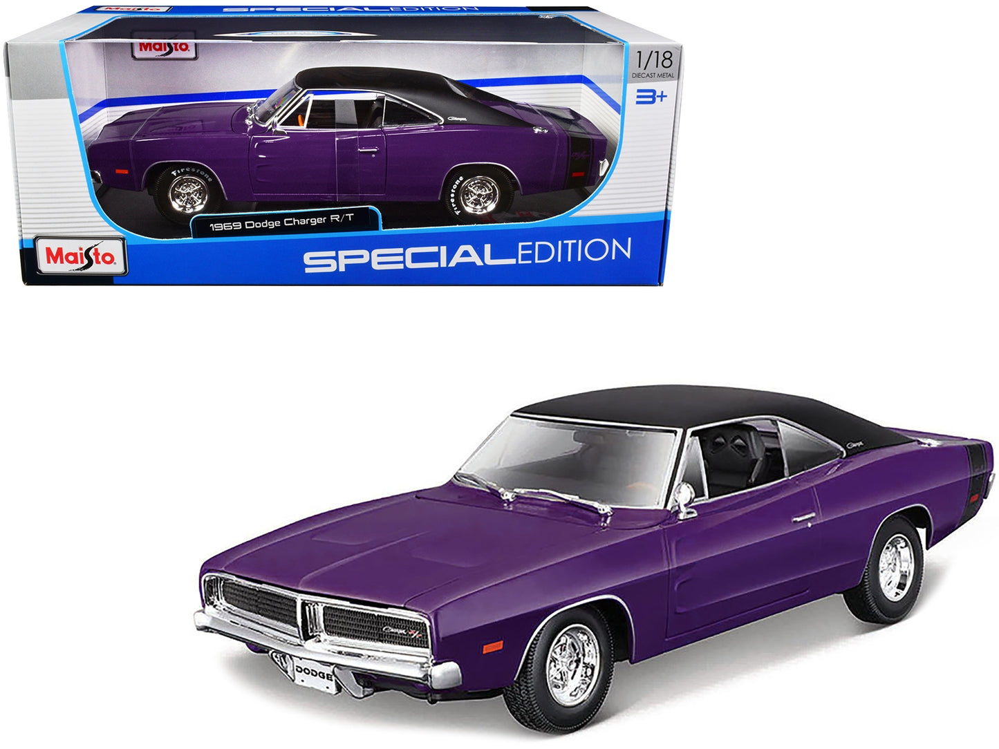 1969 Dodge Charger R/T Purple with Matt Black Top and Black Tail - Premium Dodge Models from Maisto - Just $70.49! Shop now at Rapidvehicles