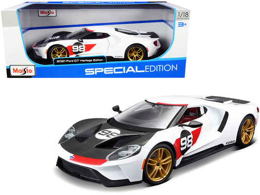2021 Ford GT #98 White "Heritage Edition" 1/18 Diecast Model Car by Maisto free shipping USA
