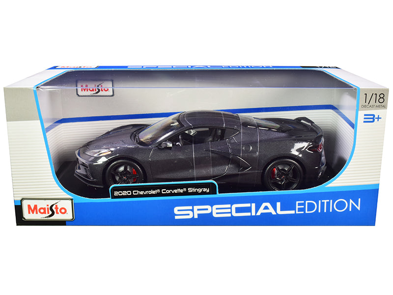 2020 Chevrolet Corvette Stingray C8 Dark Gray Metallic with Racing Stripes 1/18 Diecast Model Car by Maisto free shipping USA