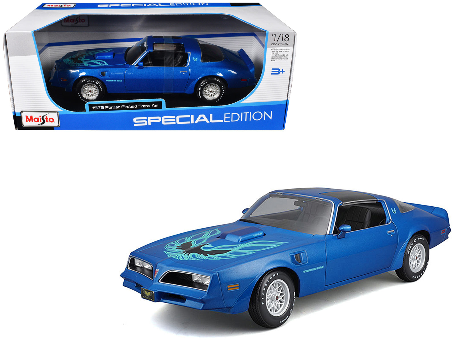 1978 Pontiac Firebird Trans Am Blue Metallic with Hood Graphics "Special Edition" Series 1/18 Diecast Model Car by Maisto free shipping USA