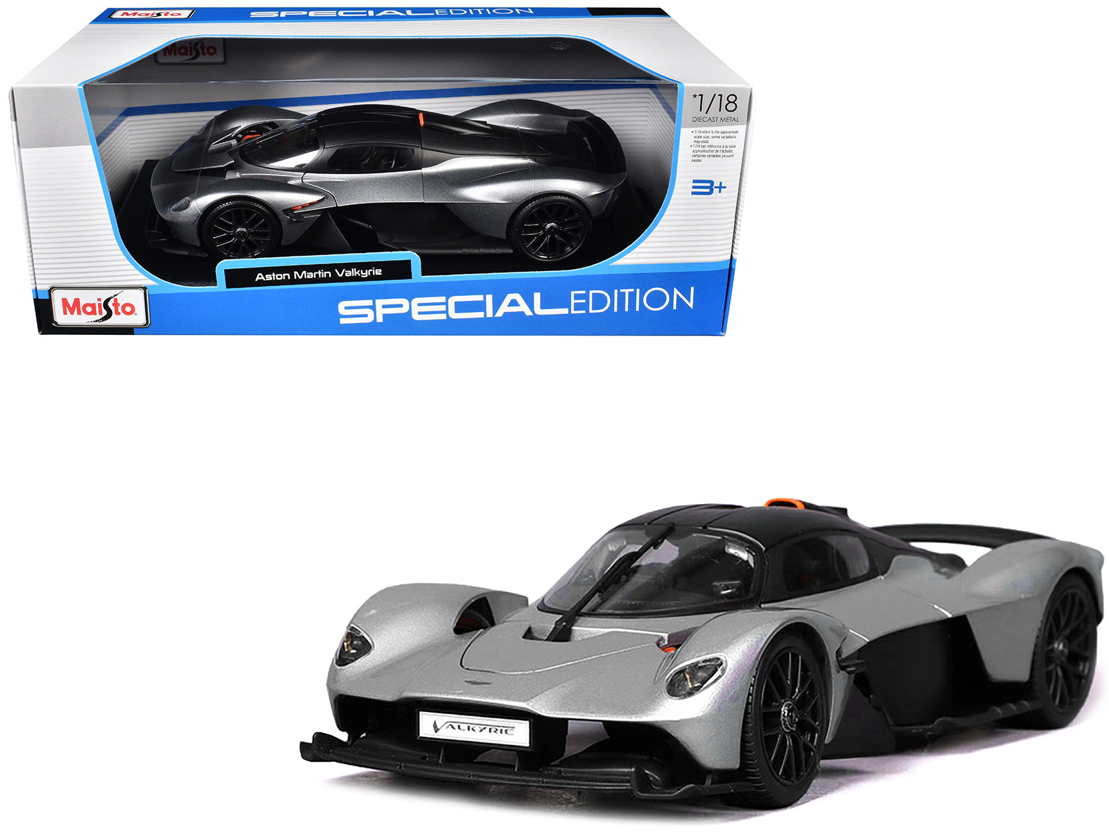 Aston Martin Valkyrie Silver Metallic with Matt Black Top "Special Edition" Series 1/18 Diecast Model Car by Maisto free shipping USA