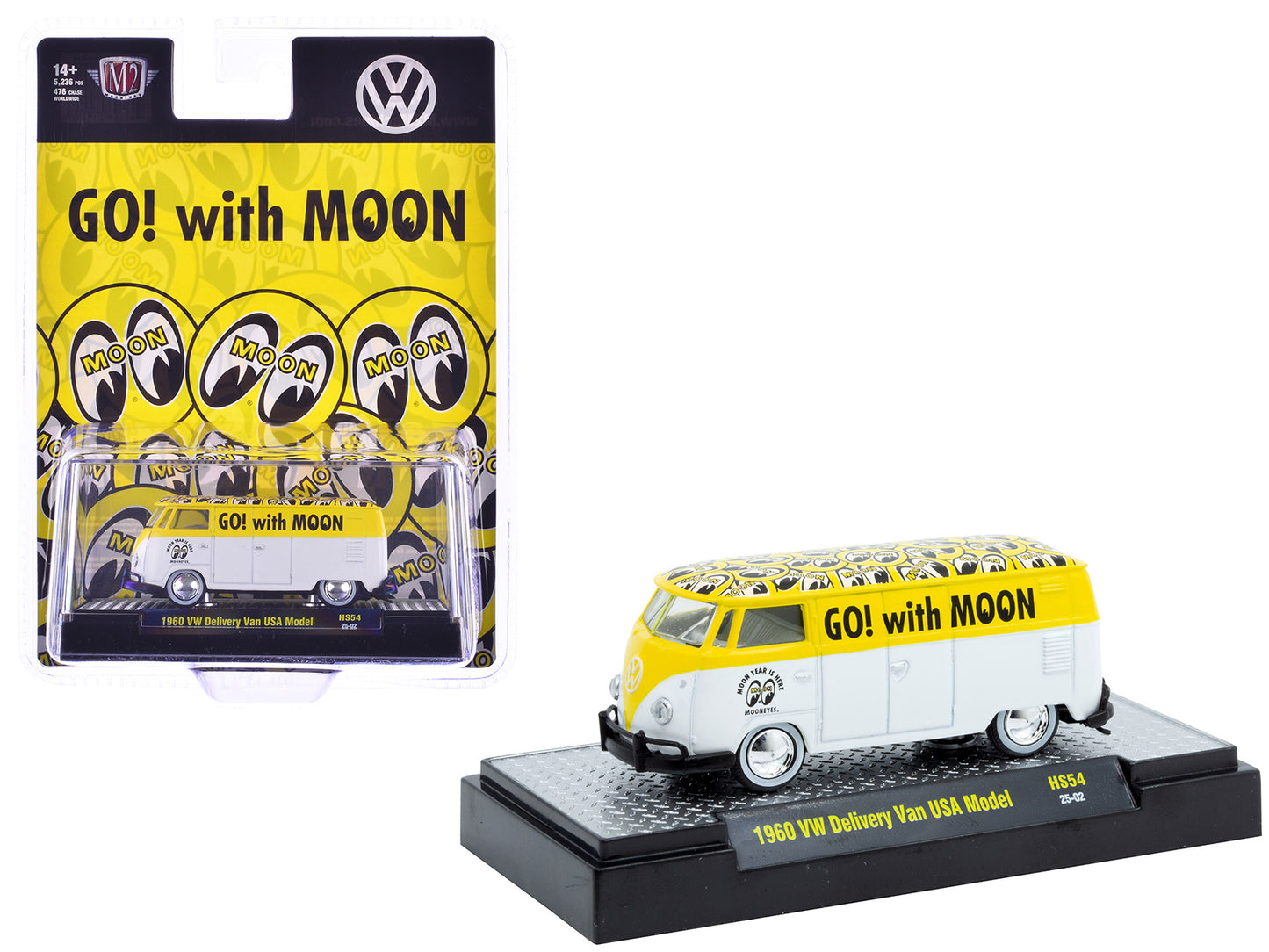 1960 Volkswagen Delivery Van USA Model "MoonEyes" White and Yellow with Top Graphics and White Interior Limited Edition to 5236 pieces Worldwide 1/64 Diecast Model Car by M2 Machines - Use code SHOPAPP15 to get 15 percent off