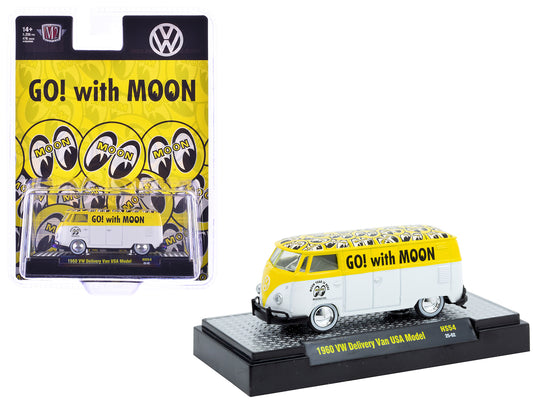 1960 Volkswagen Delivery Van USA Model "MoonEyes" White and Yellow with Top Graphics and White Interior Limited Edition to 5236 pieces Worldwide 1/64 Diecast Model Car by M2 Machines - Use code SHOPAPP15 to get 15 percent off