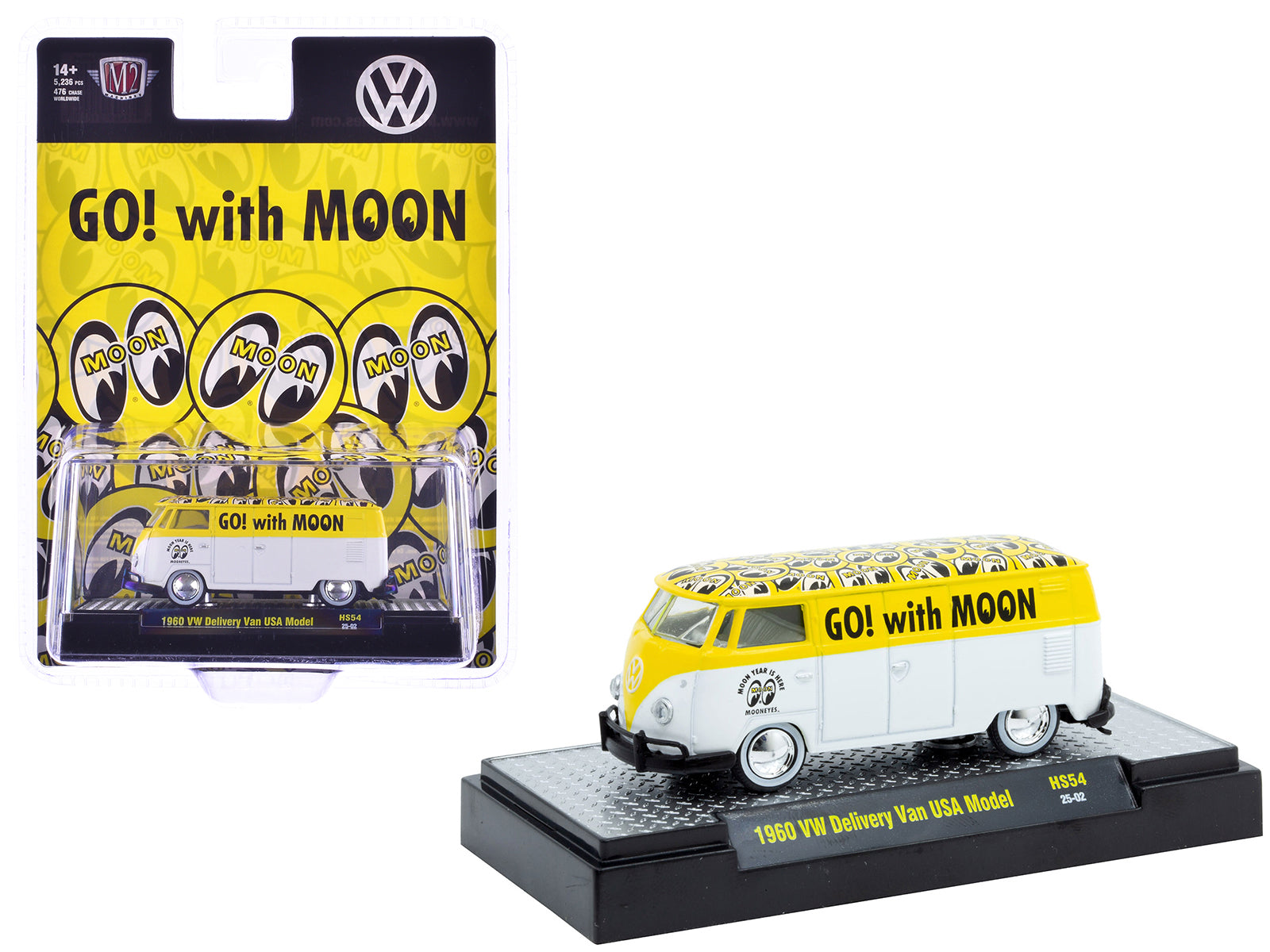 1960 Volkswagen Delivery Van USA Model "MoonEyes" White and Yellow with Top Graphics and White Interior Limited Edition to 5236 pieces Worldwide 1/64 Diecast Model Car by M2 Machines free shipping USA