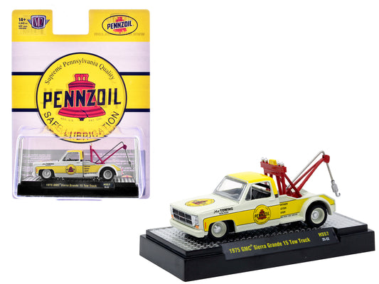 1975 GMC Sierra Grande 15 Tow Truck "Pennzoil" Off White and Yellow Limited Edition to 6842 pieces Worldwide 1/64 Diecast Model Car by M2 Machines - Use code SHOPAPP15 to get 15 percent off
