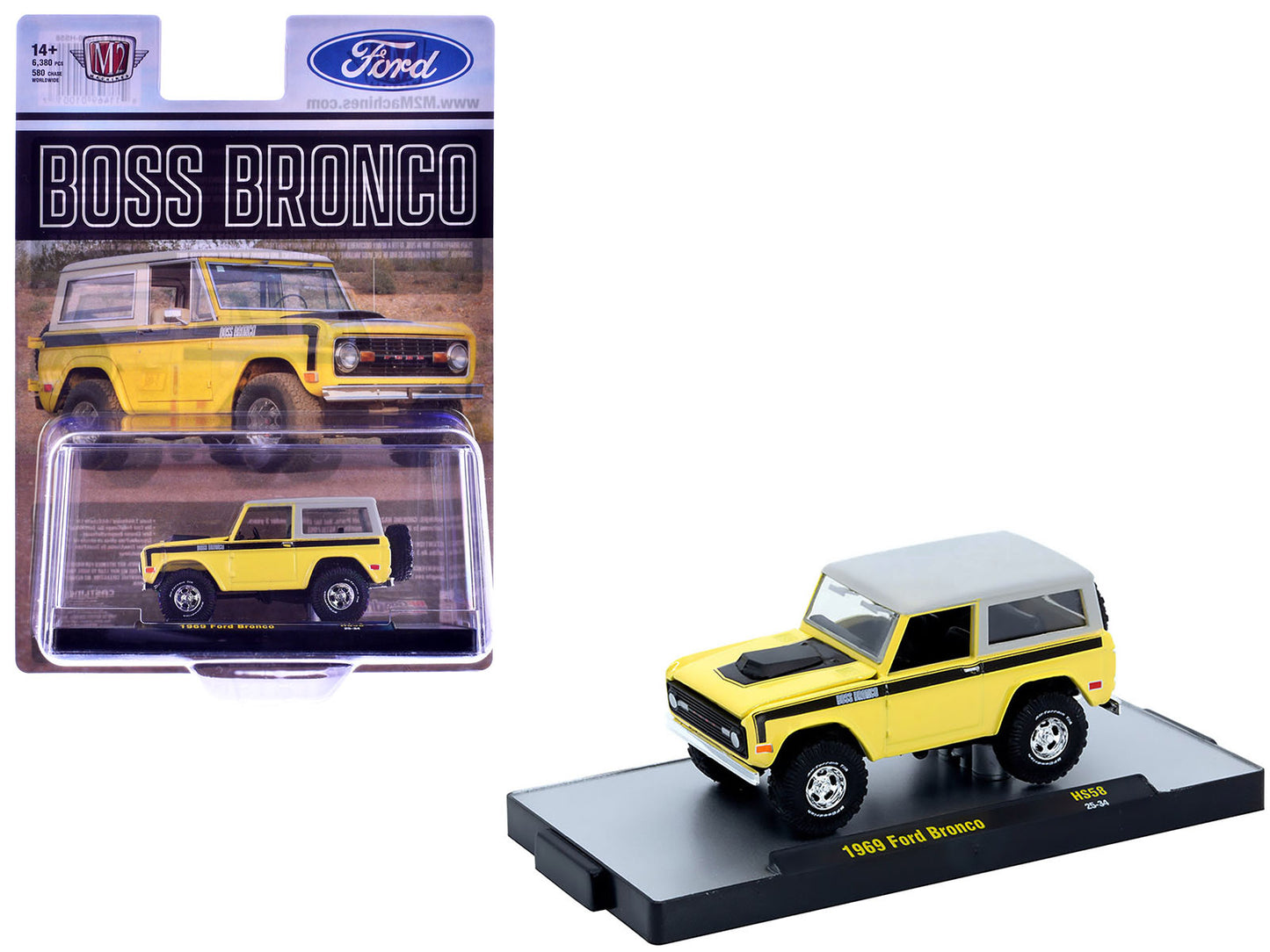 1969 Ford Bronco Yellow with Black Stripes and Gray Top Limited Edition to 6380 pieces Worldwide 1/64 Diecast Model Car by M2 Machines - Use code SHOPAPP15 to get 15 percent off