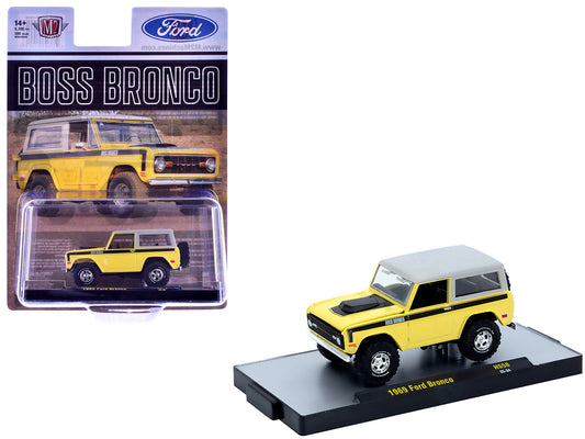 1969 Ford Bronco Yellow with Black Stripes and Gray Top Limited Edition to 6380 pieces Worldwide 1/64 Diecast Model Car by M2 Machines - Use code SHOPAPP15 to get 15 percent off
