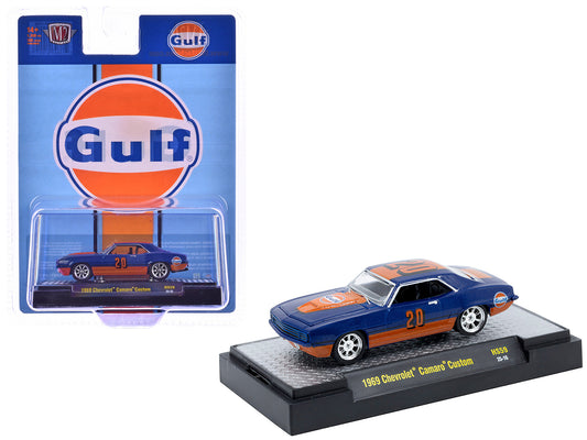 1969 Chevrolet Camaro Custom #20 "Gulf Oil" Dark Blue and Orange Limited Edition to 5500 pieces Worldwide 1/64 Diecast Model Car by M2 Machines - Use code SHOPAPP15 to get 15 percent off