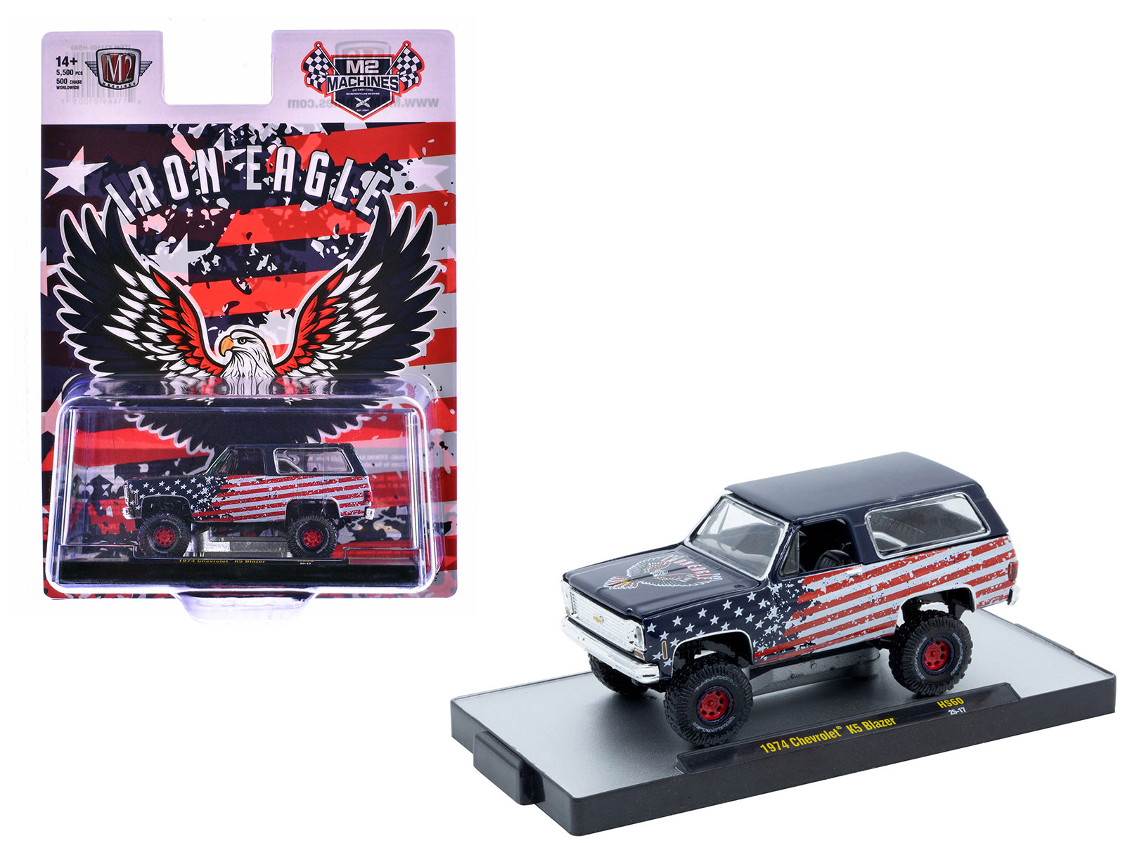 1974 Chevrolet K5 Blazer "Iron Eagle" Dark Blue with American Flag Graphics Limited Edition to 5500 pieces Worldwide 1/64 Diecast Model Car by M2 Machines free shipping USA