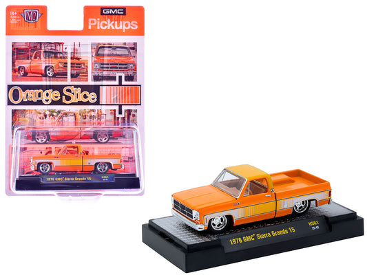 1976 GMC Sierra Grande 15 Pickup Truck Orange and white with Orange Interior Limited Edition to 15994 pieces Worldwide 1/64 Diecast Model Car by M2 Machines