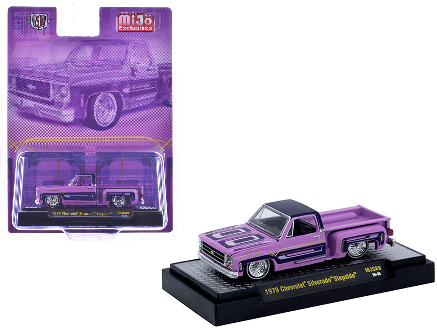 1979 Chevrolet Silverado Stepside Pickup Truck Pink with Purple Top and Graphics Limited Edition to 9350 pieces Worldwide 1/64 Diecast Model Car by M2 Machines - Use code SHOPAPP15 to get 15 percent off