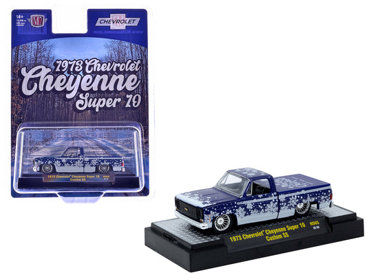 1973 Chevrolet Cheyenne Super 10 Pickup Truck "Merry Christmas - Happy New Year" Blue Metallic with White Snow Graphics Limited Edition to 10428 pieces Worldwide 1/64 Diecast Model Car by M2 Machines