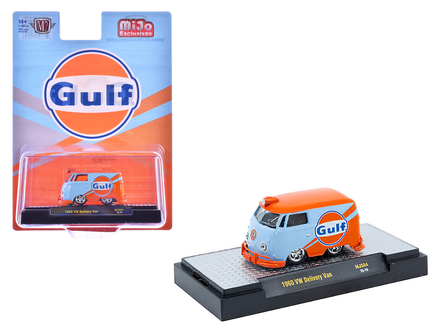 1960 Volkswagen Delivery Van "Gulf Oil" Light Blue and Orange Limited Edition to 5500 pieces Worldwide 1/64 Diecast Model Car by M2 Machines - Use code SHOPAPP15 to get 15 percent off