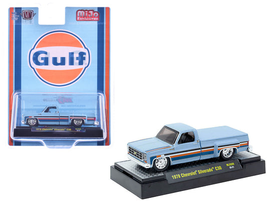 1978 Chevrolet Silverado 30 Pickup Truck "Gulf Oil" Light Blue with Stripes Limited Edition to 10560 pieces Worldwide 1/64 Diecast Model Car by M2 Machines free shipping USA