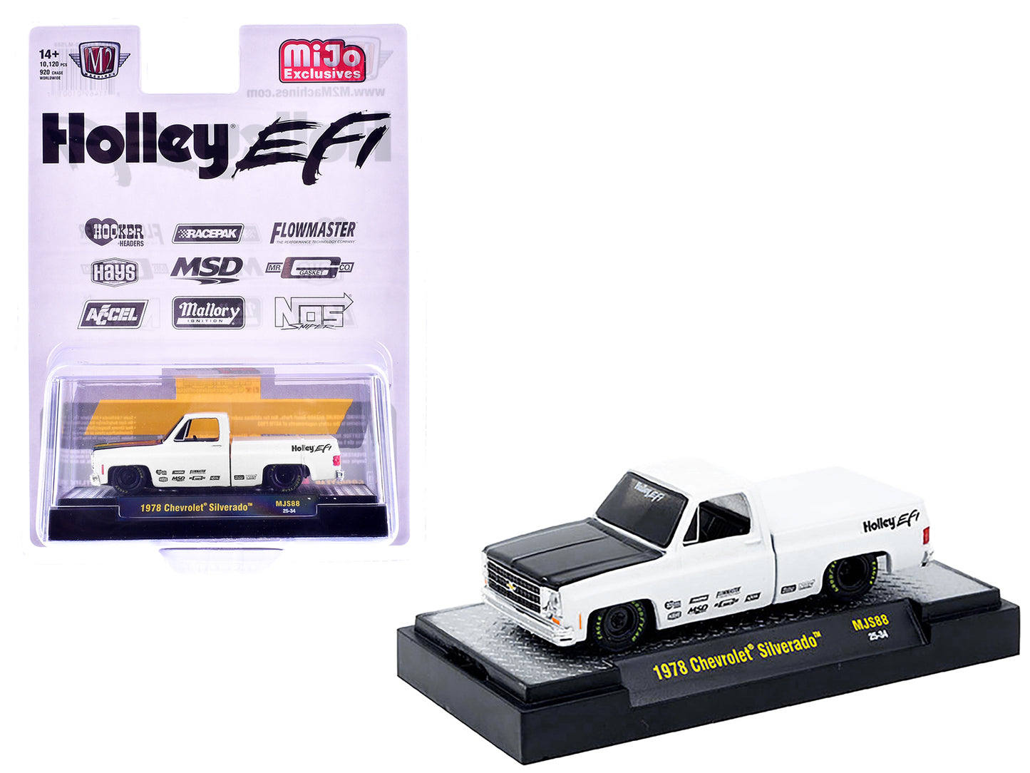 1978 Chevrolet Silverado Pickup Truck "Holley EFI" White with Black Hood Limited Edition to 10120 pieces Worldwide 1/64 Diecast Model Car by M2 Machines - Use code SHOPAPP15 to get 15 percent off