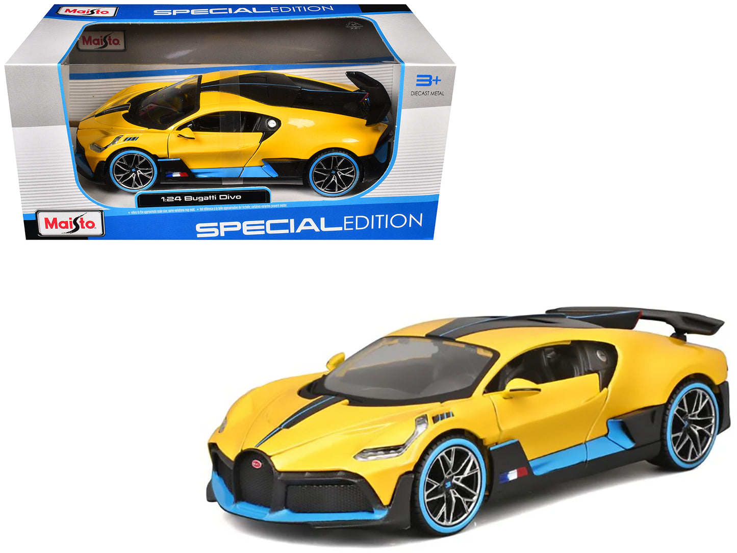 Bugatti Divo Yellow Metallic with Carbon and Blue Accents "Special Edition" 1/24 Diecast Model Car by Maisto