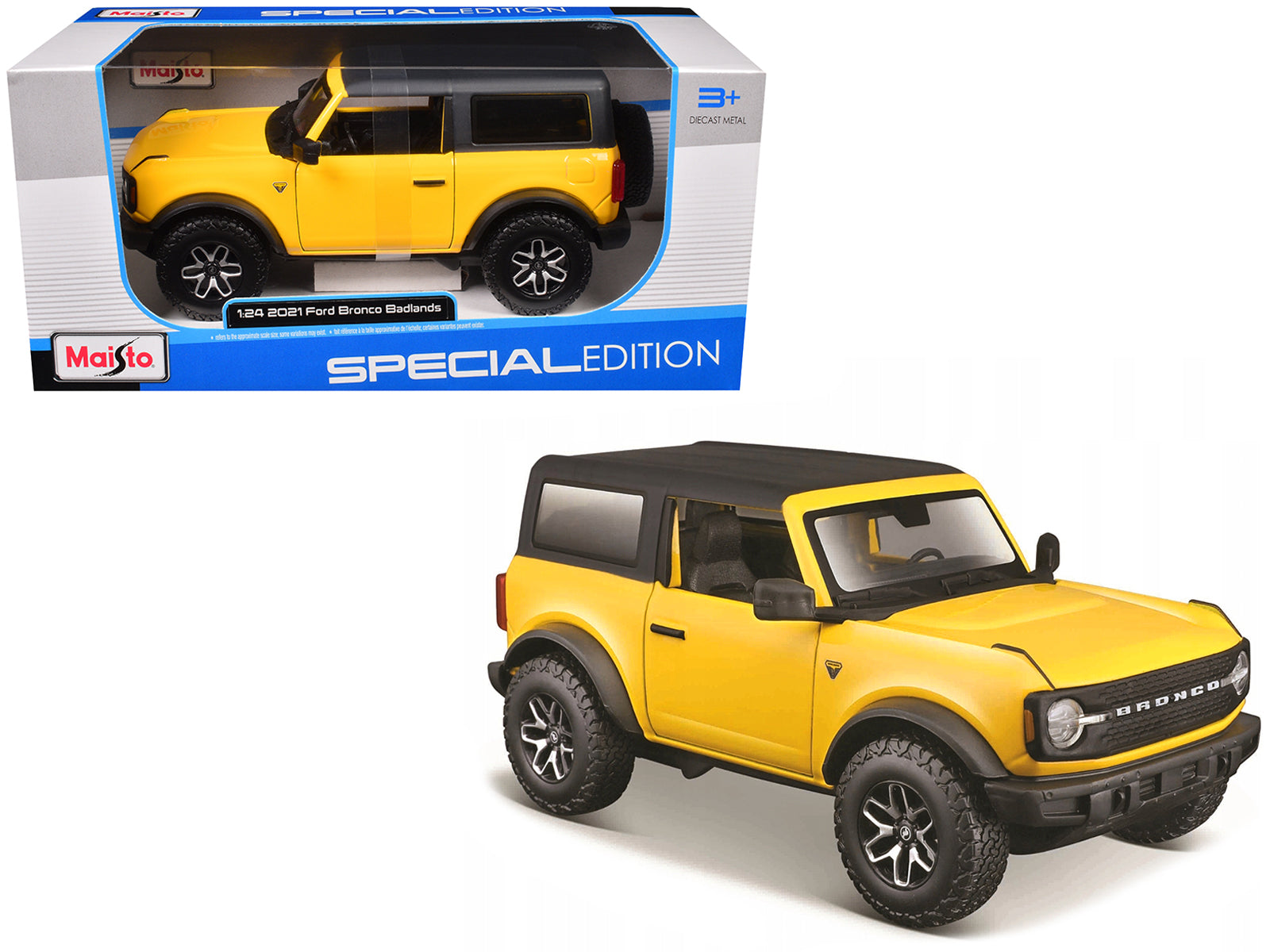 2021 Ford Bronco Badlands Yellow with Black Top "Special Edition" 1/24 Diecast Model Car by Maisto free shipping USA