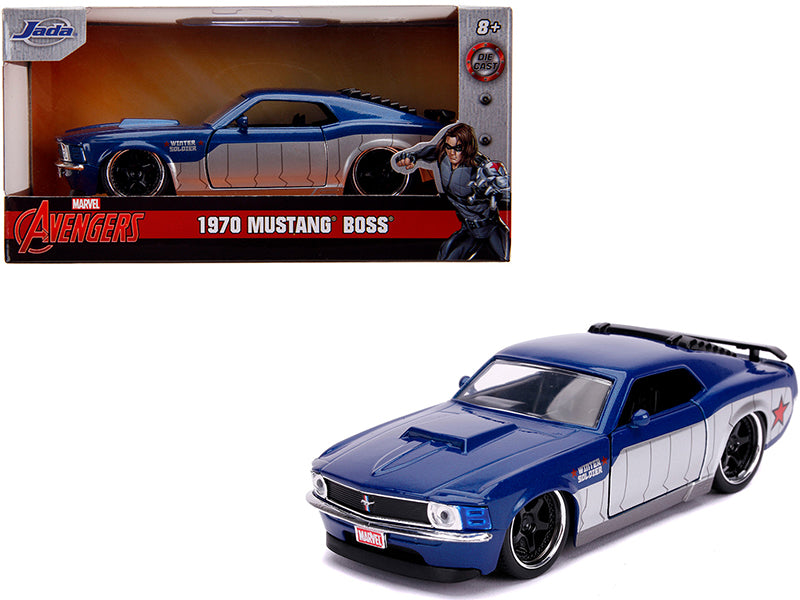 1970 Ford Mustang Boss Blue Metallic and Silver "Winter Soldier" "Avengers" "Marvel" Series 1/32 Diecast Model Car by Jada free shipping USA